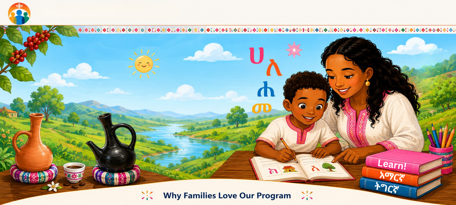 A parent helping a child learn Amharic and Tigrinya